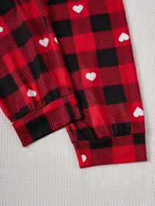 Tween Girl Good Night Graphic & Heart Plaid Pattern Cute Casual Sleepwear Pajamas Set, Comfortable Long Sleeve Top And Pants, Christmas - Red - View 4