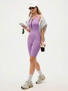 Eassivo Eassivo Women's Casual Sports Zipper Half-Zip Jumpsuit - Violet Purple - View 5