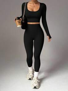 Easithlete Áo thun thể thao hở ngón tay cái và áo thun thể thao hở ngón và quần bó tập luyện cho nữ Bộ đồ tập luyện cho nữ Bộ quần bó cho nữ - màu đen - Xem 3