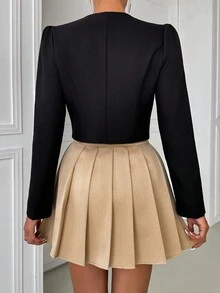 Chiquease 2pcs Flower Decor V-Neck Single Breasted Jacket And Pleated A-Line Skirt Set For Women Fall Cloth For Women - Khaki - View 2