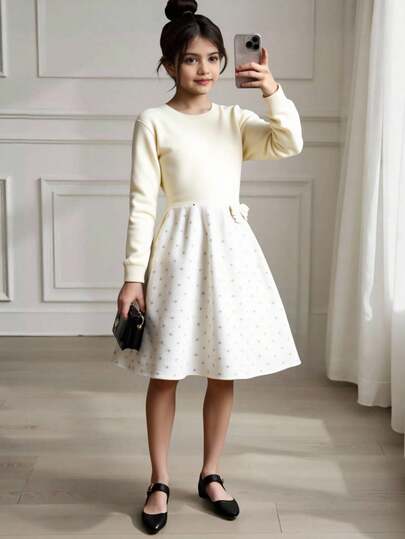 Vestido de manga comprida com decote redondo e laço de bolinhas brancas para meninas, adequado para casa, passeio, festa, volta às aulas