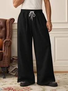 SWAVVY Men Casual Everyday Commute Simple Solid Color Drawstring Waist Loose Wide Leg Pants, Fall