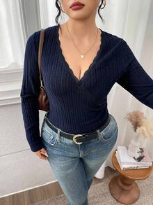 Modelyn Áo thun ôm dáng cổ chữ V đơn giản, màu trơn, họa tiết ren, thoải mái khi đi làm hàng ngày, cỡ lớn dành cho nữ, mùa xuân/thu - Màu xanh hải quân - Xem 3