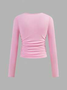 SHEIN Girlism 3件套少女休闲校服字母印花褶皱侧边圆领长袖短款针织T恤上衣，返校季必备 - 西瓜粉 - 查看 6