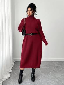 SHEIN Tall CURVE Plus Size Casual Turtleneck Raglan Sleeve Sweater Dress - Red - View 6