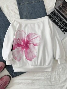 Áo nỉ lót nhiệt dáng rộng vai chéo cho bé gái mùa thu/đông, màu trắng trơn in hoa, trở lại trường - trắng - Xem 5