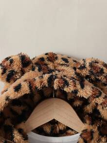 SHEIN 女童休闲卡其色豹纹羊毛夹克，前拉链开合，秋冬连帽开衫