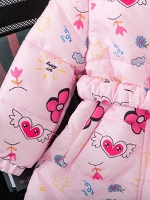 SHEIN 冬季新款可爱卡通碎花连帽加厚中长款女童棉服外套带腰带 - 粉色 - 查看 7