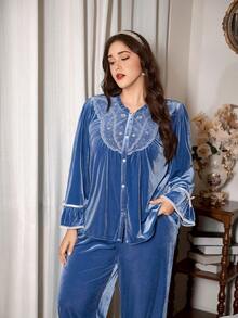 PalaceNights 秋冬天鹅绒女式复古宫廷风格刺绣开衫和裤子大码睡衣套装 - 藏蓝色 - 查看 3