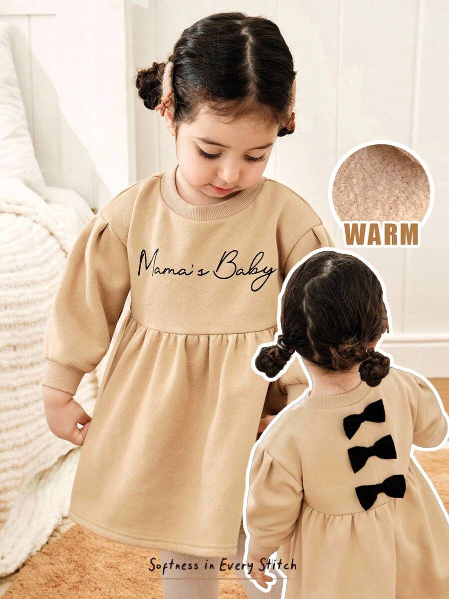 Cozy Pixies Robe à manches longues avec épaules tombantes, col rond, imprimé lettres et nœud, taille marquée, couleurs contrastées, pour bébé fille - Kaki - Voir 1