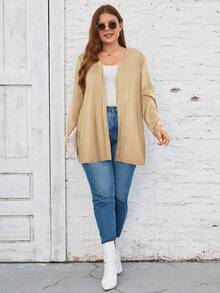 SHEIN LUNE Jaket Kasual Longgar Wanita Ukuran Besar Warna Polos Lengan Panjang Bukaan Depan/Musim Dingin - Khaki - View 5
