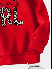 SHEIN 年轻女孩豹纹字母印花长袖休闲圆领运动衫，秋冬 - 紅色 - 查看 6