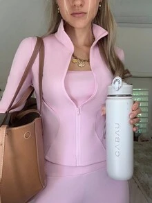 CovetEZ 女士休闲粉色运动背心上衣、裤子和夹克三件套 - 粉色 - 查看 5