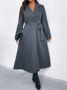 EMERY ROSE 大码女式纯色西装外套领子+束腰蝴蝶结复古优雅通勤派对日常秋冬连衣裙 - 灰色 - 查看 7