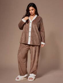 Lazeform Plus Size Women Flannel Long Sleeve Top And Pants Pajama Set Brown Pajama Set Brown Pj Set Comfy Pajamas Set Lounge Wear Set Cozy Sets Women Outfit, Fall/Winter Clothes, Fluffy - Khaki - View 5