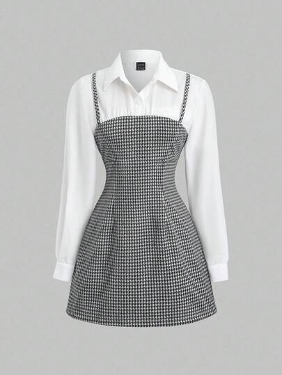 Sweetra 秋冬休闲千鸟格拼接白色二合一衬衫式短款连衣裙