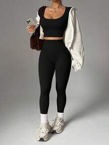 Easithlete Áo thun thể thao hở ngón tay cái và áo thun thể thao hở ngón và quần bó tập luyện cho nữ Bộ đồ tập luyện cho nữ Bộ quần bó cho nữ - màu đen - Xem 2