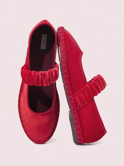 CUCCOO DOLLMOD Zapatos planos de mujer elegantes y clásicos, cómodos, de terciopelo con pliegues y elásticos tipo Mary Jane