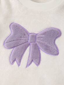 SHEIN 2pcs Baby Girls' Cute Pink Bow Embroidered Fluffy White Long Sleeve Top And Pink Plaid Pants Thickened Autumn/Winter Pajama Set - Purple - View 5