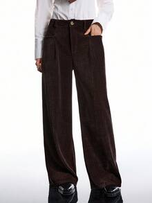 LYSMO 2025 Women's Casual Wide Leg Pants,Shades Of Brown Autumn Office Stylish Minimalist Winter Bold Edgy Chic Thermal Lining Metallic Foil Chic Pants - Coffee Brown - View 7