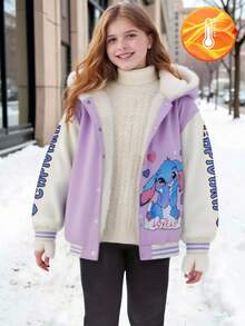 SHEIN 秋冬款少女休闲保暖连帽夹克，带卡通和字母图案 - 紫色 - 查看 6