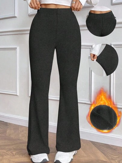 Zavorell 女式休闲日常百搭紧身保暖高腰喇叭裤，松紧腰，黑色，冬季