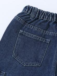 SHEIN Sparklyn Tween Girl Y2K 休闲多口袋抽绳腰部浅色水洗蓝色工装牛仔裤 - 深色水洗藍 - 查看 5