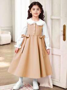 SHEIN Elladie kids 复古学院风卡其色蝴蝶结装饰休闲长裙，白色蕾丝边彼得潘领长袖连衣裙，适合返校季，甜美可爱，优雅百搭，适合日常穿着、旅行、拍照、派对等场合。 - 卡其色 - 查看 6
