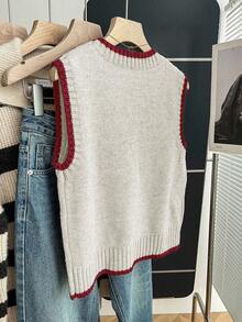 Franclia 女式休闲宽松圆领无袖针织撞色边卡其色毛衣上衣，春秋季 - 米色 - 查看 2