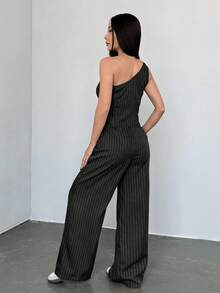 SHEIN Unity 2 件休闲条纹不对称肩女士套装 - 黑色 - 查看 2