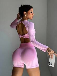 Dewbera Damen gestreifter Twist-Rücken Crop Top und Shorts Sportanzug