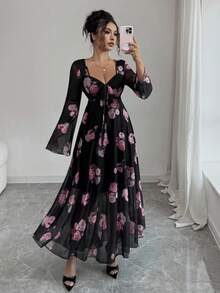 Elenzga 女士时尚优雅迷人玫瑰花卉印花甜心领扭纹前部不对称荷叶边下摆弹力网眼喇叭袖度假浪漫 A 字中长连衣裙秋季女装 - 彩色 - 查看 4