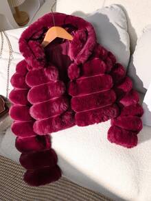 SHEIN 1 件女童柔软人造毛皮夹克，优雅长袖短款修身连帽外套，适合秋冬季