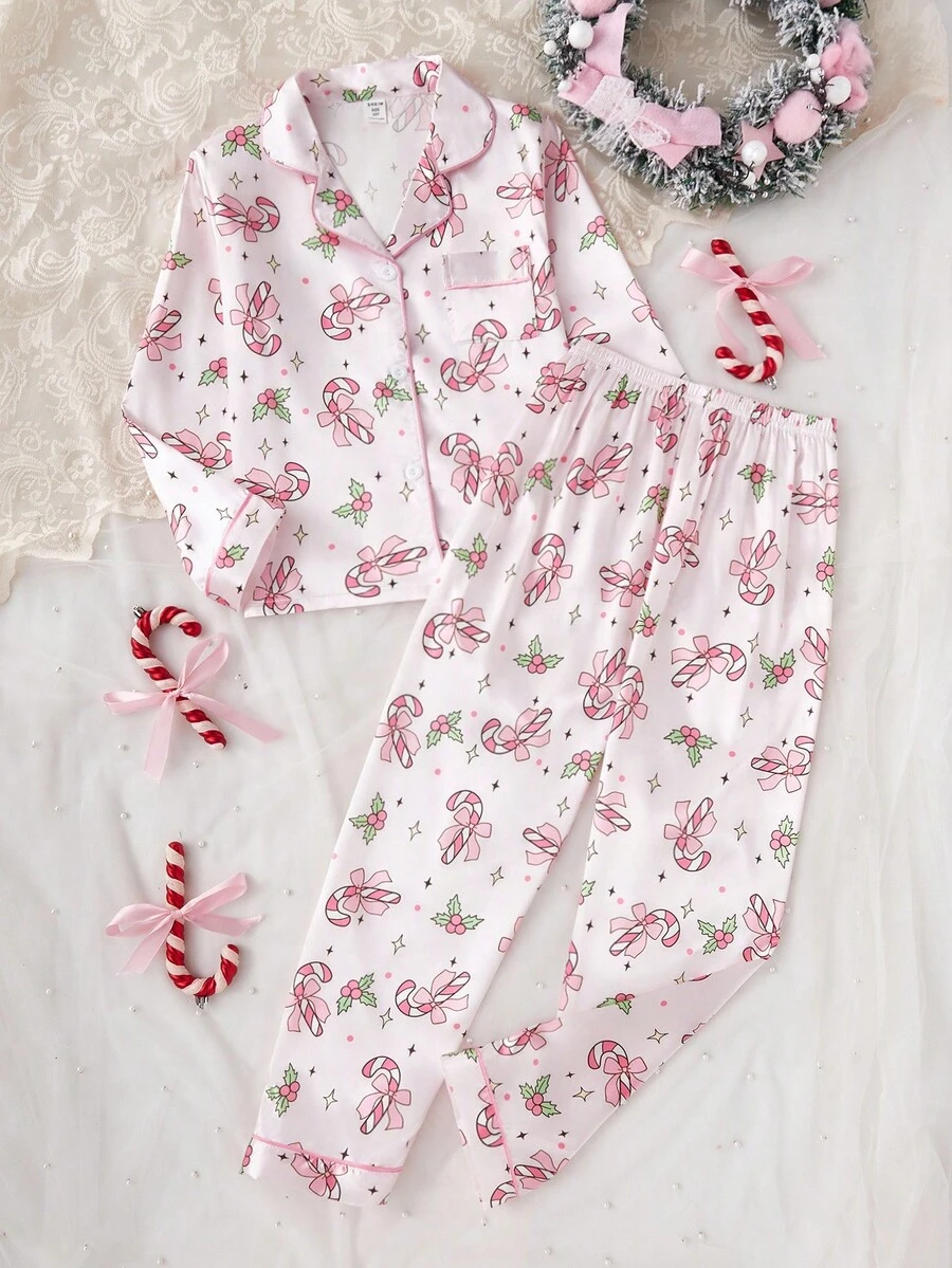 2件套女童可爱蝴蝶结印花翻领开衫和休闲裤舒适睡衣套装 - 彩色 - 查看 1
