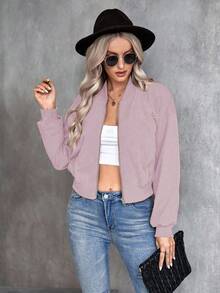 EMERY ROSE Women's Solid Color Long Sleeve Zip-Up Casual Baseball Jacket, Autumn - Dusty Purple - View 3