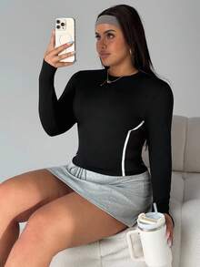 Rhythm Era Plus Size Women Seamless Side Mesh Patchwork Long Sleeve Sportswear - Black - View 1
