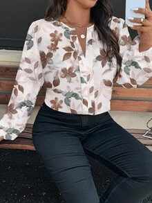 EMERY ROSE Camisa de talla grande con estampado floral acuarela elegante, adecuada para el otoño