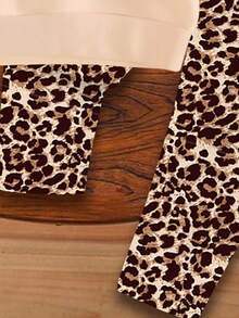 SHEIN 女婴休闲复古豹纹蝴蝶结设计厚圆领长袖运动衫和紧身裤套装，卡其色，适合秋冬季 - 彩色 - 查看 6