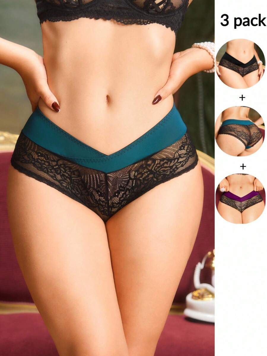 PinupPomp 3pcs/Set Pakaian Dalam Wanita Motif Renda Patchwork Vintage - MultiWarna - View 1