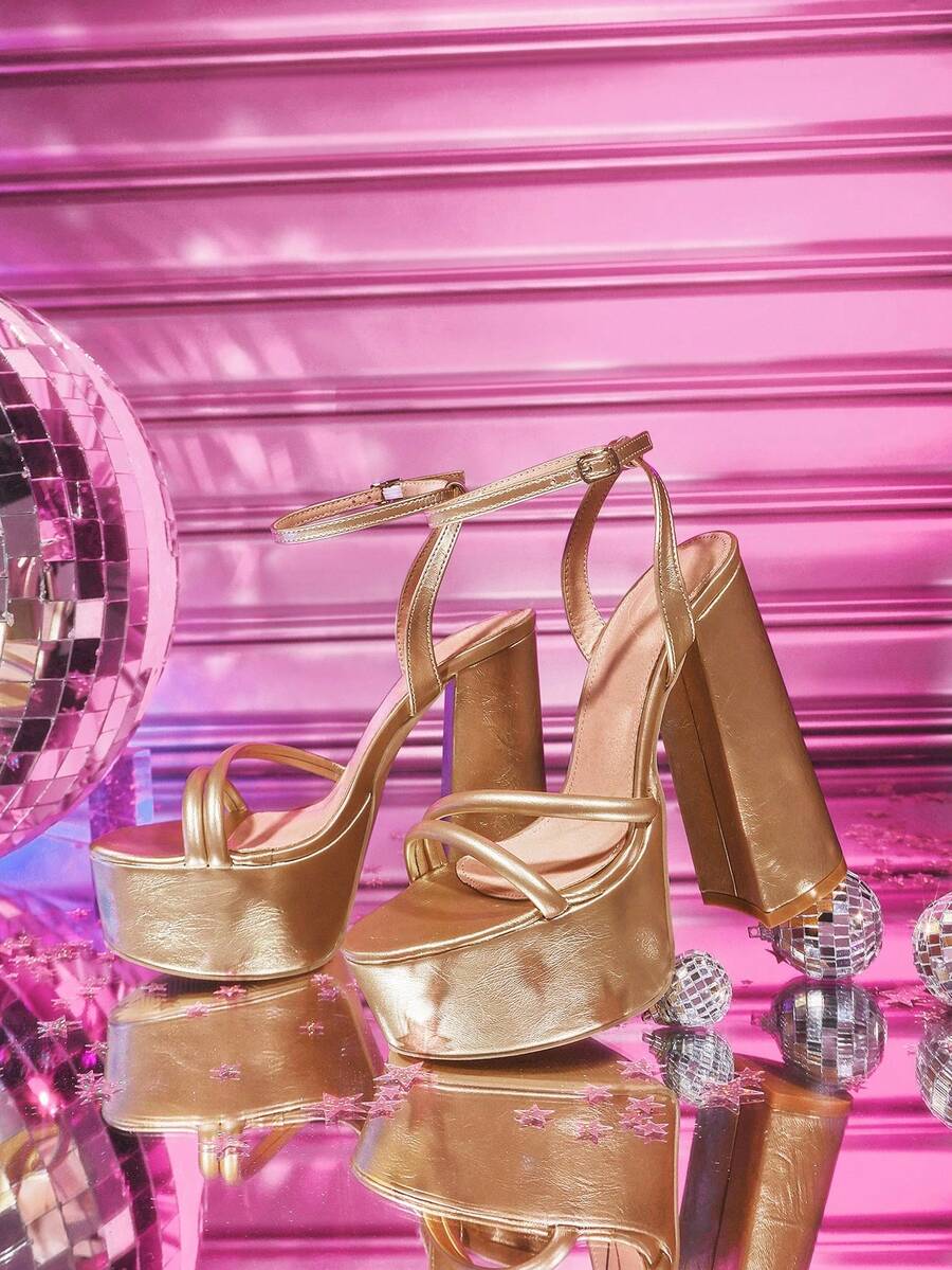 CUCCOO LuxiPop Zapatos de plataforma con puntera redonda, tacón alto grueso y resistentes al agua para mujer, de material PU dorado, de estilo minimalista y cómodos para uso diario, fiestas y banquetes, con correa con hebilla - Dorado - Ver 1