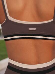 Aralina 女式撞色拼布吊带背心和短裤运动套装，女式运动套装 - 咖啡棕 - 查看 4