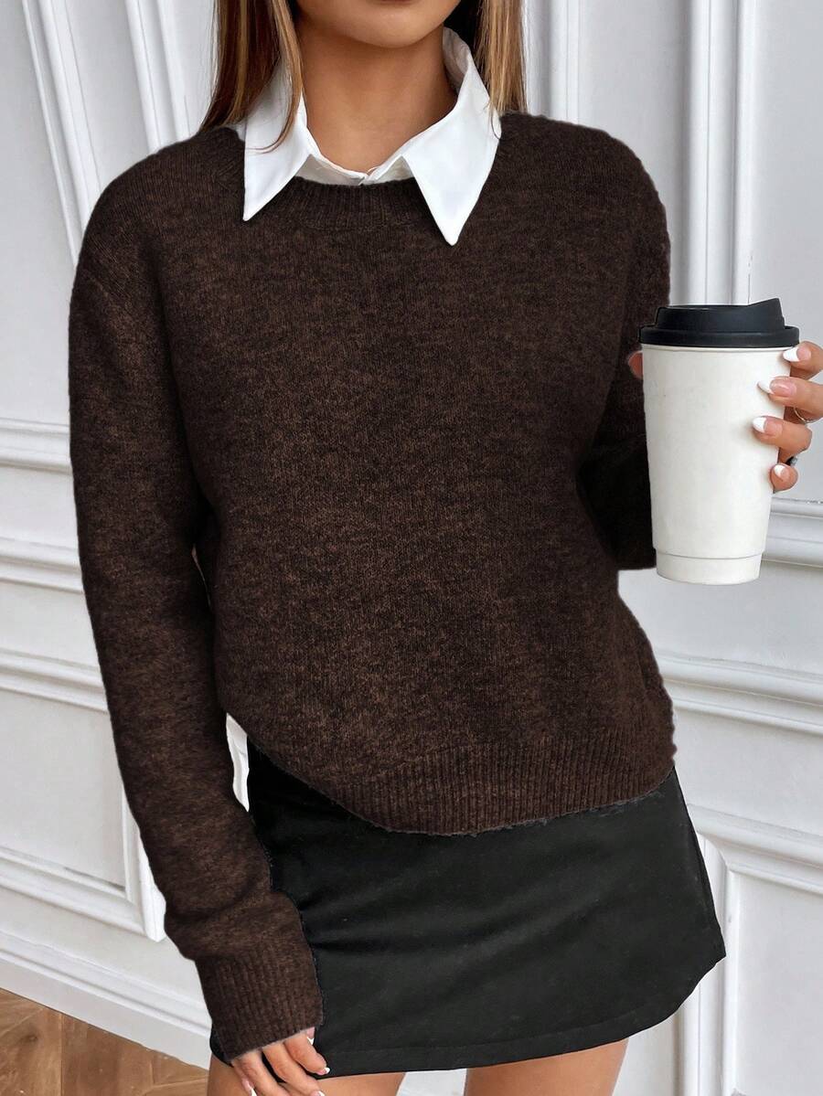 Pariaura Slouchy Solid Color Crew Neck Knit Long Sleeve Sweater - Coffee Brown - View 1