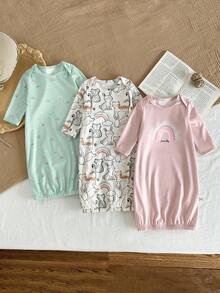 3件套新生儿简约时尚杏色、粉色、蓝色彩虹、兔子、猫咪动物图案舒适长袖长睡袍家居服套装 - 彩色 - 查看 3