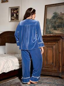 PalaceNights 秋冬天鹅绒女式复古宫廷风格刺绣开衫和裤子大码睡衣套装 - 藏蓝色 - 查看 2