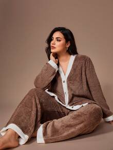 Lazeform Plus Size Women Flannel Long Sleeve Top And Pants Pajama Set Brown Pajama Set Brown Pj Set Comfy Pajamas Set Lounge Wear Set Cozy Sets Women Outfit, Fall/Winter Clothes, Fluffy - Khaki - View 6
