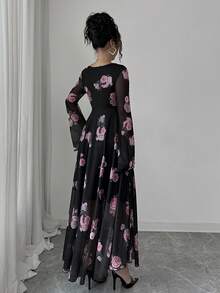 Elenzga 女士时尚优雅迷人玫瑰花卉印花甜心领扭纹前部不对称荷叶边下摆弹力网眼喇叭袖度假浪漫 A 字中长连衣裙秋季女装 - 彩色 - 查看 2