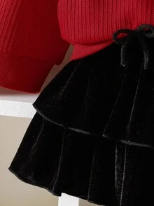 Elladie kids 2 件套女童蝴蝶装饰圆领长袖开衫外套和裙子，时尚百搭，秋冬 - 紅色 - 查看 5