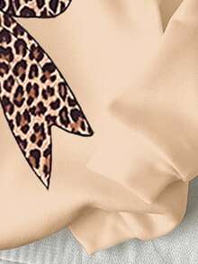 休闲复古豹纹蝴蝶结设计宽松圆领舒适针织长袖卫衣，适合年轻女孩，卡其色，适合秋冬季节穿着。可爱女童卫衣，蝴蝶结卫衣，蝴蝶结女童服装，猎豹纹卫衣 - 彩色 - 查看 4