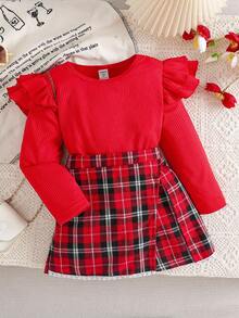 2 件年轻女孩长袖罗纹针织上衣 + 格子裙裤套装，复古韩式休闲优雅圆领 T 恤搭配 A 字裙裤，适合春秋季 - 紅色 - 查看 3