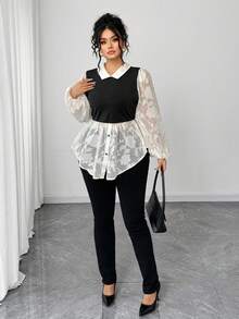 Elenzga 大码女式雪纺镂空经典黑白撞色二合一法式复古泡泡袖衬衫 - 彩色 - 查看 6